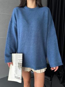 Jersey acogedor de manga larga de gran tamaño para mujer, túnica con cuello redondo, hombro caído, Jersey de punto plano gris informal para invierno-Otoño - Product Image 3