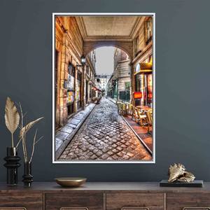 Printed Canvas Art: Romantic <b>Parisian</b> Cobblestone Alley Print,WHITE FRAMED CANVAS - Product Image 1