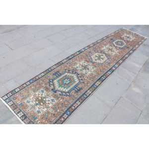 พรมตุรกีโบราณ ขนาด 2.5x10.9 ฟุต พรมสีน้ำเงินน้ำตาลสไตล์โมร็อกโก - Product Image 3