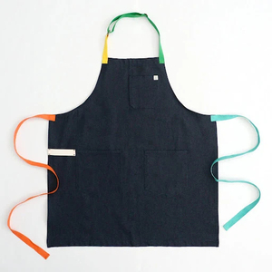 Simple Bib <b>Apron</b> Cotton Woven Dark Blue with Colorful Ties Heavy Duty Reusable Machine Washable Cleaning Supplies - Product Image 1