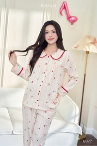 B2 MUM B877 Long Sleeve Cherry Red Linen Maternity Sleep <b>Set</b> Peter <b>Pan</b> Collar Breathable Soft Fabric Cloud Pattern for Pregnant - Product Image 2