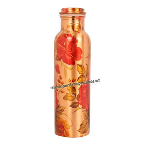 Botella de cobre con beneficios para la salud Ayurvédica hecha a mano de alta calidad con esmalte texturizado Floral botella de agua de cobre puro - Product Image 1