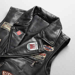 Gilet de motard vintage en cuir noir respirant et toile, avec col rond, ajustement réglable et lacets latéraux, vêtement d'extérieur - Product Image 4