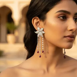 Boucles d'oreilles vintage pour femmes en argent plaqué or avec des gouttes de rubis, pierres principales géométriques en diamant et en perle pour mariage ou fête - Product Image 1