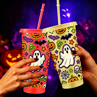 Gobelet en plastique réutilisable de 24 oz pour Halloween avec paille et couvercle, motif fantôme et citrouille, pour café glacé, avec logo personnalisé, articles de fête, vente en gros