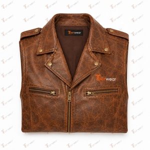 Gilet de motard pour homme Tiierwear en similicuir marron, double boutonnage, col rabattu avec fermetures éclair, logo avant, vêtement d'extérieur pour l'automne - Product Image 6