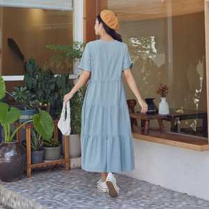 2025 señoras elegante de longitud completa cuello redondo Maxi vestido Floral tela de rayón mangas cortas lavable cintura Natural-saludable - Product Image 6