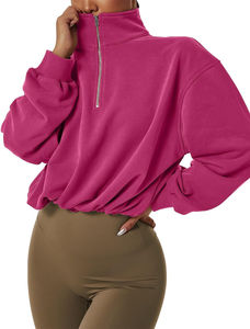 Femmes 100% coton athlétique Crop sweat col haut à manches longues goutte-épaule à capuche avant demi fermeture éclair hauts courts pour l'hiver - Product Image 5