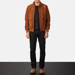 Coffmen A2 Bomber <b>Jacket</b> in Brown <b>Suede</b> Zippered Vintage Streetwear with Embroidered Pattern Casual for Autumn and Spring - Product Image 3