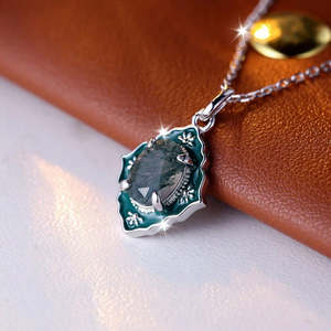 NOVAMART Fine Hallmarked Silver Geometric Vintage Meena <b>Pendant</b> with Chain Rhodium-Plated Emerald Cut Sapphire Ruby <b>Opal</b> Inlaid - Product Image 1