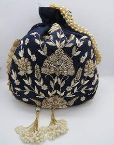 2024 Heavy Zari Embroidered <b>Navy</b> Silk <b>Evening</b> <b>Bag</b> Ele Thread Pattern Wrist <b>Bag</b> Crystal Glass Beads Pearls for Weddings Parties - Product Image 1