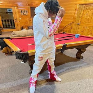 OEM Coton Puff Imprimé Hommes Gym Jogger Ensembles Hiver Sportswear À Capuche Patchwork Pantalon avec Capuche Joggers Empilés Deux Pièces - Product Image 3