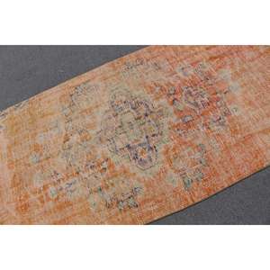 Alfombra Turca, Alfombra Vintage de 3.5x7.6 pies, Alfombra de Lana con Diseño a Cuadros Naranja y Azul - Product Image 5