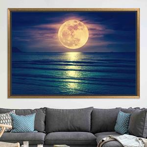 Toile imprimée élégante : Paysage côtier, mer au clair de lune, œuvre d'art, TOILE ENCADRÉE DORÉE - Product Image 1