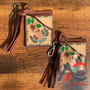 Nueva llegada Real Floral Tooled cuero ATM Card Holder casos elegante lindo pequeño Western moda borla tarjeta caso con llaveros - Product Image 1