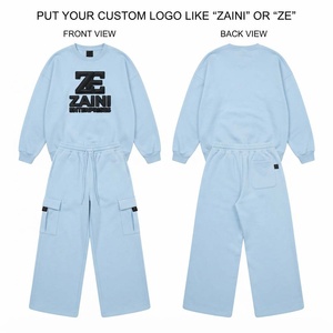 <b>Women</b> <b>Sweat</b> <b>Suit</b> Premium Cotton Fleece 320 GSM Oversized Sweatshirt Wide Leg Cargo Pants Custom 3D Raised Rubber Logo Light Blue - Product Image 1