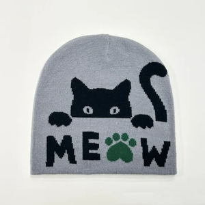 2024 nouvelles idées produit Jacquard tricoté chapeau chaud oreillettes casquette mode dessin animé chat patte empreinte Kitty froid bonnet - Product Image 1