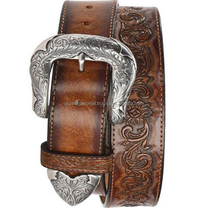 Ceinture d'outillage à la main en cuir véritable de créateur en relief floral de style occidental classique avec conchos en forme de cœur argenté et boucle florale - Product Image 2