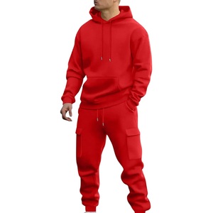 Ensemble de survêtement d'entraînement et de jogging pour homme, 2 pièces, en molleton épais, coupe slim, délavé à l'acide rouge uni, chaud pour l'hiver, vente en gros à bas prix - Product Image 2
