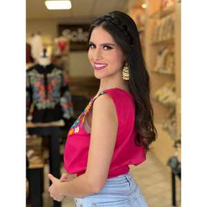 Blusa de algodón étnica mexicana con bordado floral, manga corta para mujer, informal, para verano, lavable, natural - Product Image 4