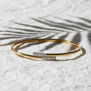 Minimalist <b>Gold</b> Plated Diamond <b>Bangle</b> Bracelet Women's Everyday Wear Channel Setting Round Brilliant Cut - Product Image 2