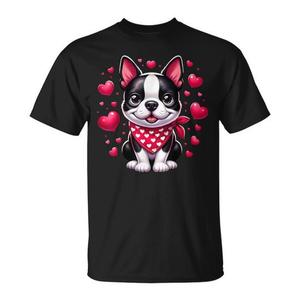 Maglietta Boston Terrier Valentine Hearts Dog nera unisex per adulti taglia SMLXLXXL - Product Image 1