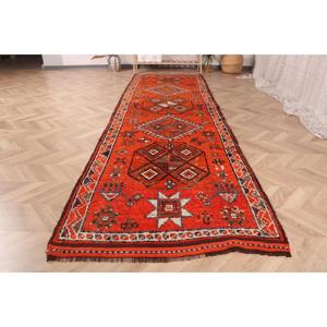 3.2x11 ft <b>Runner</b> Vintage Turkish Rug, <b>Red</b> Striped Wool Rug - Product Image 2