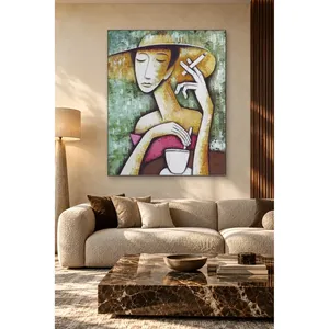 Fida Femme avec chapeau, fumeuse et tasse de café, impression sur toile - Product Image 1