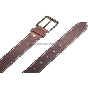 Arnés natural Cuero Acabado marrón Cinturón informal de moda para hombre con costuras de borde de contraste y hebilla de metal chapado en latón sólido - Product Image 6