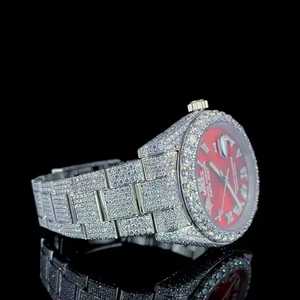 Lujoso reloj automático de diamante Moissanite helado, números romanos rojos personalizados, pantalla analógica de moda, cristal de cuarzo inoxidable - Product Image 2