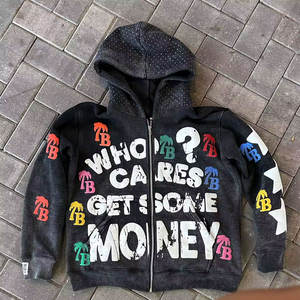 Fabricante personalizado francés Terry 100% algodón Vintage ácido lavado de gran tamaño rhinestone 3D puff estampado Zip Up HOODIE hombres 2024 - Product Image 3