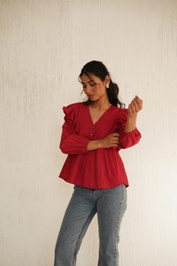Mujeres algodón volante manga cuello en V botón rojo blusa Casual diseñador Top - Product Image 3