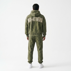 Ensemble jogging et sweat à capuche personnalisé pour homme, vert olive délavé, en molleton de coton, style streetwear, OEM ODM, vente en gros - Product Image 2