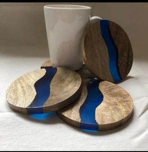 Wholesale Round Handmade Wooden Resin Tea Cup Coasters Acacia Wood Epoxy with Petal Design Mat & Pads - Product Image 3