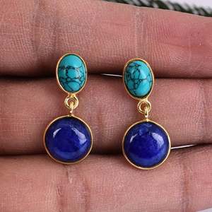 ต่างหูเงินแท้ 925 ต่างหูรูปไข่พลอยและพลอยเทอร์ควอยซ์ - Product Image 5