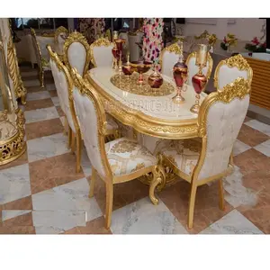 Meubles de salle à manger de style européen sculptés à la main, aspect traditionnel, ensemble de table à manger sculptée à la main, finition dorée, salle à manger 8 places - Product Image 1