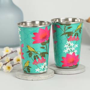 Vente en gros indien de 2 gobelets décoratifs en acier de grande hauteur avec motif imprimé perroquet et Lotus utilisé pour l'eau potable. - Product Image 3