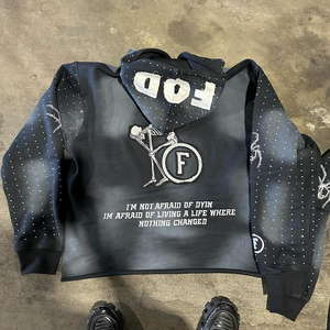 Sudadera con capucha con parche bordado desgastado lavado ácido personalizado 500 GSM sudaderas con capucha mezcladas de algodón con diamantes de imitación - Product Image 2