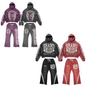 Fabricant Logo personnalisé recadrée 400gsm français éponge survêtement pantalon de survêtement évasé sweats à capuche hommes ensemble de base coton mélangé - Product Image 6