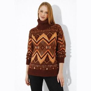 Women's Elegant Ethnic Pattern Knit Sweater Breathable Soft Texture Turtleneck <b>Pullover</b> Chic Vintage Knitted <b>Jumper</b> Tops - Product Image 1