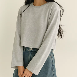 T-shirt court ample à manches longues pour femme, en maille douce, décontracté, basique, pull, OEM ODM Vietnam, logo personnalisé - Product Image 1