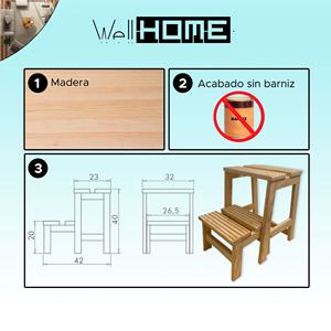 Sgabello in Legno a Due Gradini WELL HOME, Finitura Non Verniciata, 32x42x40 cm, Arredamento per la Casa - Product Image 2