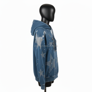 Sweat à capuche pour femme en coton molletonné premium 320GSM, couleur bleue, avec logo personnalisé en strass, motif étoiles scintillantes, lavage à l'acide, tendance - Product Image 3