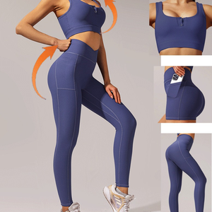 Nouvel ensemble de yoga pour femmes, haut à manches courtes et leggings taille haute, pour la salle de sport, ensemble de 2 pièces, haut à col rond et pantalon de yoga - Product Image 4