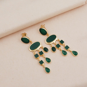 Women's Trendy Green Onyx <b>Stud</b> <b>Earrings</b> Onyx Gemstone Gold Plated Bezel <b>Set</b> Fashion Jewelry with Mix Shape Brass <b>Stud</b> Blue Color - Product Image 3