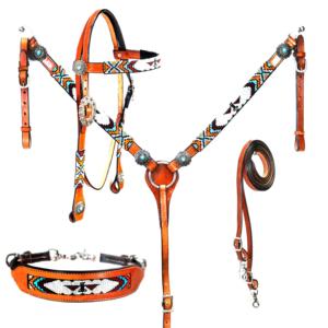 Cabezada para Caballo Western de Cuero Genuino Marca Shyam con Logotipo Personalizado, Tallada y Decorada con Cuentas, Acabado Antiguo, Ligera, Tamaño Full Cob - Product Image 1