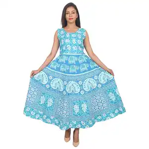 Lovely Sky Blue Color One Piece Dress Cotton Fabric Indian Mandala Print Long Beautiful Sleeveless Dress for Women and Girls