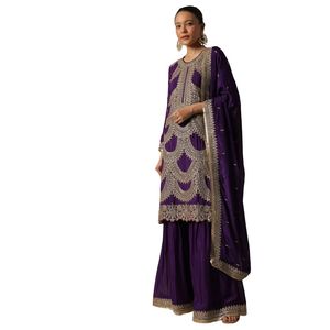 Conjunto de Kurta Sharara de gasa púrpura con bordado y Dupatta para fiesta de boda Ocasión festiva Recepción Ropa India - Product Image 2