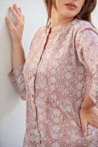 Robe bohème New Athena, imprimée à la main, en pur coton, motif floral, rose poussiéreux, blanc, décontractée - Product Image 3