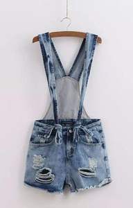 Peto corto vaquero de alta calidad para mujer, lavado ligero, desgastado, estilo Vintage sin esfuerzo, babero, botón general impreso a la moda - Product Image 2